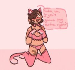 andromorph begging begging_pose breasts cat_ear_headband cat_lingerie cat_tail clothing costume cuntboy dialogue embarrassed genitals heart_eyes heart_symbol human intersex kneeling legwear liam_valentine_(necro-hamster) lingerie male mammal necro-hamster nervous panties pose pussy solo solo_focus stockings tattoo trans_(lore) trans_man_(lore) underwear