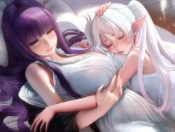 2girls big_breasts dream elf elf_ears elf_female female female_only fern_(sousou_no_frieren) frieren frieren_beyond_journey's_end laying laying_on_bed laying_on_breasts long_hair multiple_girls purple_hair sakimichan sleeping small_mouth sousou_no_frieren white_dress white_hair white_skin