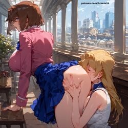 2girls ai_generated alexis_rhodes analingus analingus_from_female analingus_in_skirt analingus_under_skirt arimia34 big_breasts blonde_female blonde_hair blue_eyes brown_hair brunette_hair cunnilingus eating_ass face_in_ass lesbian_couple licking_ass mazaki_anzu tea_gardner tenjouin_asuka yu-gi-oh! yu-gi-oh!_duel_monsters yu-gi-oh!_gx yuri