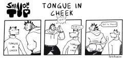 2boys anthro blush blushing butt clothed clothing comic dialogue english_text feline fur furry gay imminent_sex inviting looking_back male male/male male_only spedumon teasing text