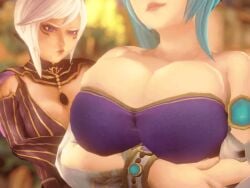 2girls alternate_breast_size animated animated breast_envy breasts cia_(the_legend_of_zelda) cleavage dark-skinned_female dual_persona huge_breasts hyrule_warriors hyrule_warriors_definitive_edition lana_(the_legend_of_zelda) large_breasts light-skinned_female lips nurico pouting smile the_legend_of_zelda