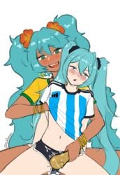 2girls argentinian_miku blush brazilian_female brazilian_miku cute cyan_eyes cyan_hair dial_kasper dialkasper female female_focus female_only hatsune_miku love size_difference tan_body tan_skin tanned tanned_girl thighs twintails vocaloid yuri