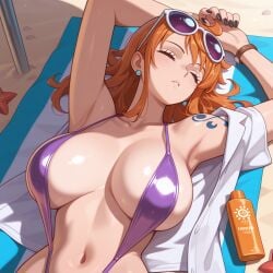 1girls 2d 2d_(artwork) abdomen ai_generated anime ass ball_earrings beach big_ass big_breasts black_nails blue_tattoo breasts breasts_apart breasts_bigger_than_head closed_eyes eyewear_on_head female female_only gigantic_breasts illustration illustrious_(stable_diffusion) large_breasts lying_on_back massive_breasts myaicrush nami_(one_piece) one_piece orange_hair sleeping sling_bikini sunglasses sunglasses_on_forehead swimsuit swimwear tattooed_arm