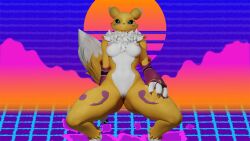 3d_(artwork) anthro areola blue_eyes breasts clothing crouching digimon digimon_(species) female fur_markings looking_at_viewer markings nails nipples nude presenting pussy renamon solo stikcs tail yellow_body