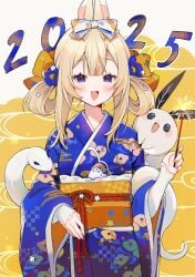 :d animal animal_ears bangs blonde_hair blue_bow blue_eyes blue_flower blue_kimono blue_nails blush bow chinese_zodiac egasumi eyebrows_visible_through_hair female floral_print flower hair_between_eyes hair_flower hair_ornament hairbow holding holding_arrow japanese_clothes jingle_bell kimono long_hair long_sleeves looking_at_viewer obi oerba_yun_fang open_mouth print_kimono sash smile solo very_long_hair vyugen white_flower wide_sleeves yenko yenkoes