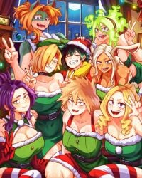 1boy 7girls athletic_female big_breasts blonde_hair burnin_(my_hero_academia) christmas christmas_outfit fire_hair fit_female good_end harem ippan_josei izuku_midoriya lady_nagant milf miruko mitsuki_bakugou moe_kamiji moon mount_lady multiple_girls my_hero_academia night posing_for_picture purple_hair ryuukyuu scar scar_across_eye scar_on_face short_hair short_hair_female vlizz wedding_ring