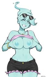 afrobull areolae big_breasts blue_eyes blue_skin bracelet breasts clothing female female_only ghost humanoid large_breasts looking_at_viewer monster_prom necklace neckwear nipples pale_skin polly_geist shirt_lift shorts solo sunglasses tank_top wristwear