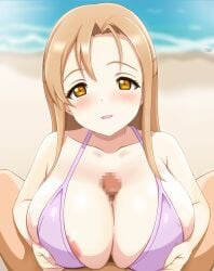 1girls areola_slip bikini breasts_bigger_than_head censored_penis konoe_kanata/haruka's_mother large_breasts love_live! love_live!_nijigasaki_high_school_idol_club milf paizuri paizuri_lead_by_female pov pov_eye_contact pov_paizuri tenkataihe