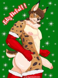 anthro ass big_butt big_penis brown_hair christmas christmas_clothing clothing felid feline gatinhoenfermeiro genitals gloves hair handwear hi_res holidays leg_stockings lynx male male_focus male_only mammal markings neck_tuft nipples penis pink_nipples portuguese_text smile solo spots spotted_markings text tuft victor_(gatinhoenfermeiro) yellow_eyes