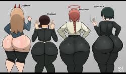 4girls ass ass_chart ass_comparison ass_focus ass_parade back_view bare_ass big_ass black_hair blonde_hair bottom_heavy braided_hair braided_ponytail brown_hair bubble_butt caked_up chainsaw_man cheesecake fat_ass green_hair higashiyama_kobeni himeno_(chainsaw_man) huge_ass kobeni_higashiyama light-skinned_female long_hair makima_(chainsaw_man) paag pants_down pawg peace_sign ponytail power_(chainsaw_man) red_hair round_ass simple_background size_difference ssleviathann sweat sweaty_ass text thick_ass thick_thighs thunder_thighs tight_clothing venus_body voluptuous voluptuous_female wide_hips wobbling_ass