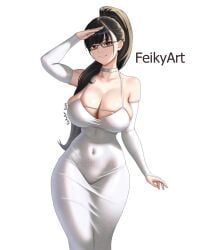 alternate_costume artist_name bare_shoulders black_hair blunt_bangs breasts bridal_gauntlets brown_eyes choker cleavage dated dress english_commentary eve_(stellar_blade) feikyart female glasses highres large_breasts long_hair looking_at_viewer parted_lips ponytail salute solo stellar_blade tight_clothes tight_dress white_bridal_gauntlets white_choker white_dress