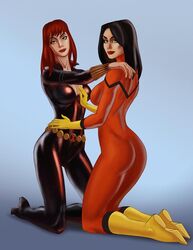 2girls black_widow_(marvel) female jessica_drew kneeling marvel marvel_comics natasha_romanoff samcooper spider-man_(series) spider-woman