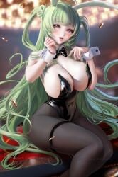 big_breasts breasts bunny_costume bunny_ear bunny_girl bunny_tail bunnysuit goddess_of_victory:_nikke green_hair long_hair sakimichan sexy_body sexy_pose sitting soda_(nikke) thick_thighs thighs