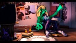 16:9 3d_(artwork) 4k 6_ears absurd_res alien alilkira all_fours anthro ass beer_bottle big_hair black_clothing black_shirt black_topwear blonde_hair blue_body blue_hair blue_scales blush bonnie_(fnaf) bottle bottomless bottomless_anthro bottomless_female breasts chair closing clothed clothing container cunnilingus digital_media_(artwork) dragon duo ears_down electronics female female/female five_nights_at_freddy's floor furniture genitals ghost glowing glowing_body glowing_scales green_body green_scales hair hi_res lizard long_hair medium_breasts multi_ear mythological_creature mythological_scalie mythology non-mammal_hair nude nude_anthro nude_female on_chair oral pawpads pivoted_ears pointy_ears pussy raised_leg reptile scales scalie scottgames sevan_(warfaremachine) sex shirt shirt_only short_hair sitting sitting_on_chair sleepover source_filmmaker_(artwork) spirit spread_legs spreading tail television topwear topwear_only vaginal_penetration watching_television watermark white_hair widescreen wood wood_floor yellow_sclera zelyonka