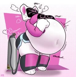 air_tank anthro belly belly_inflation big_belly blush cat_ears closed_eyes creaking display drey_(nicklysuffer) female furry hose_in_butt hose_under_clothes inflation moaning motion_lines onomatopoeia robot screen_face shorts simple_background t-shirt tv_head yambedoodle