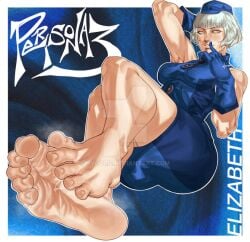 1girl 1girls armpits atlus barefoot clothing elizabeth_(persona) feet female female_only foot_fetish foot_focus hat headgear nyoolie persona persona_3 persona_3_portable persona_3_reload scrunched_toes sega sole_female soles toes white_hair yellow_eyes