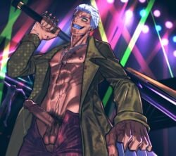 1boy abs bat blood dead_by_daylight killer lights male_focus male_only male_pubic_hair naughty_face penis pubic_hair purple_hair singer smirk smirking the_trickster undressing weapon yellow_eyes