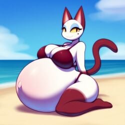 ai_generated animal_crossing animal_crossing_girl anthro anthro_female beach beach_background busty busty_female cat cat_girl catgirl female furry hyper_pregnancy lazybonesai nintendo olivia_(animal_crossing) pregnant pregnant_belly pregnant_female red_fur solo solo_anthro solo_female streching white_fur