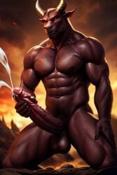 ai_generated balls cock cum erect horns muscular naked nude reddish_brown