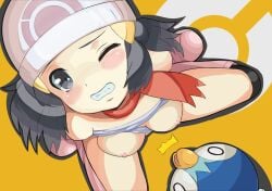 1girls bee-j1 black_hair bondage dawn_(pokemon) grey_eyes gritted_teeth hat looking_at_viewer looking_up looking_up_at_viewer naked naked_female one_eye_closed piplup pokemon pokemon_dppt scarf tied_up
