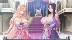 2girls angry angry_face blonde_hair_female blue_dress blue_hair_female breasts castle castle_background castle_interior chair cleavage clothed_female dark_blue_hair dress female female_only game_cg gigantic_breasts huge_breasts hyper_breasts kyonyuu_fantasy kyonyuu_fantasy_gaiden luceria_von_diamante nipples_visible_through_clothing pink_dress platinum_blonde_hair queen rokusaanu_do_dejiiru rose_(flower) stairs tiara