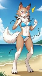 1girls 2025 accidental_exposure ai_generated anthro beach bikini blue_eyes blushing breasts brown_fur canine curvy_female curvy_figure digitigrade embarrassed exposed_pussy generation_7_pokemon heterochromia hi_res innie_pussy looking_at_viewer lycanroc midday_lycanroc nintendo outdoors pokémon_(species) pokemon pussy red_eyes seaside shocked shocked_expression shy wardrobe_malfunction white_fur