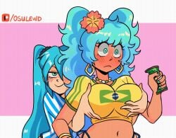 2girls argentina argentinian argentinian_miku blue_eyes blue_hair blue_nails blue_thong blush bracelet brazil brazilian brazilian_miku breast_grab can clothed dark-skinned_female dark_skin drink earrings female female_only flower hair_flower hatsune_miku holding_object hoop_earrings latin_american_hatsune_miku_(meme) latina light-skinned_female light_skin long_hair nail_polish necklace nipple_bulge osulan size_difference thong twintails vocaloid yellow_nails yuri