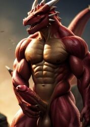 1boy ai_generated balls cock dragon erect gold muscular naked nude red scales spikes tail