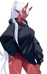 akumi breasts closed_mouth cowboy_shot demon_girl female hair_between_eyes hood hood_down hoodie horns jacket large_breasts long_hair long_sleeves looking_at_viewer mole nail_polish oerba_yun_fang oni oni_horns pointy_ears ponytail red_skin skin-covered_horns sleeves_past_wrists smile solo standing striped thighs vyugen white_background white_hair yellow_eyes