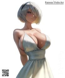 2b_(nier:automata) alternate_breast_size arms_behind_back black_hairband blue_eyes breasts cleavage closed_mouth dress english_commentary feikyart female grey_hair hair_over_one_eye hairband highres huge_breasts looking_at_viewer nier:automata nier_(series) patreon_username short_hair sleeveless sleeveless_dress solo upper_body white_background white_dress