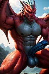 ai_generated balls blue cock erect muscular naked nude red scales spikes tail white