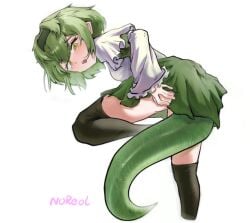 1boy animal_humanoid artist_name bill_(black_souls) black_souls black_souls_2 femboy green_hair leg_lift light-skinned_male lizard_tail looking_at_viewer looking_back male male_only medium_hair noreol open_mouth short_hair simple_background skirt skirt_lift tail thighhighs white_background yellow_eyes