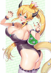 1girls armpits ass big_breasts blonde_hair bowsette_(cosplay) breasts collar crossover earring earrings female female_only genderswap green_eyes horns huge_breasts human humanoid kawase_seiki leafa long_hair looking_at_viewer mario_(series) new_super_mario_bros._u_deluxe nintendo pointy_ears ponytail sharp_claws sharp_fingernails sharp_nails solo spiked_bracelet spiked_collar spiked_shell spiked_tail super_crown sword_art_online tail turtle_shell