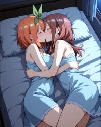 ai_generated arms_around_partner breast_press closed_eyes fully_clothed go-toubun_no_hanayome incest kissing large_breasts lying_on_bed orange_hair red_hair sisters yuri
