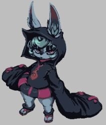 bottomless bottomless_female clothed clothing female green_hair hair humanoid league_of_legends looking_at_viewer oversized_clothing riot_games sekitanbuta short_stack simple_background solo tencent thick_thighs vex_(lol) yordle