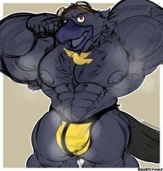 anthro avian barazoku beak bird bulge clothed clothing corvid corvus_(genus) crow feathers fur genitals hi_res incrediblecrocodile male mammal muscle_tone muscular muscular_anthro muscular_male musk musk_clouds nipples open_mouth oscine passerine pecs simple_background smile solo tail underwear