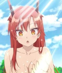 blush boobs breasts dragon dragon_girl dragonoid holding_breast huge_breasts naked naked_female open_mouth orange_eyes outside red_hair tania_(yuusha_party_wo_tsuihou) waterdrops yuusha_party_wo_tsuihou_sareta_beast_tamer_saikyoushu_no_nekomimi_shoujo_to_deau