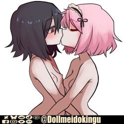 2girls absurdres artist_name black_hair black_souls blush closed_eyes embrace female female_only hug kissing miranda_(black_souls) nude open_eyes pink_hair short_hair simple_background small_breasts victoria_(black_souls) white_background yuri