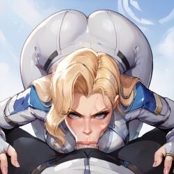 1boy ai_generated big_breasts blonde_hair blowjob blue_eyes dagger_(marvel) dagger_(marvel_rivals) deepthroat female light-skinned_female light-skinned_male light_skin lips moon_knight oral pov spit stable_diffusion sucking sucking_penis