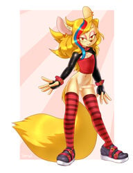 anthro blonde_hair bottomless clothed clothing erection footwear fur furry furry_only girly hair hair_highlights legwear male male_only mammal mink mustelid pantymink partially_clothed penis piercing shoes socks solo sparkydb tail thigh_socks thin_penis topwear yellow_eyes zeion