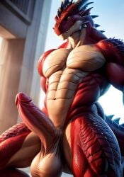 ai_generated balls cock erect furred_dragon furry_male male_focus muscular naked nude red scales spikes tail white