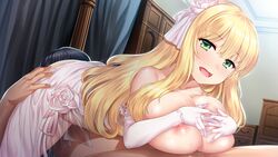 69 areolae ass blonde_hair blush breast_squeeze breast_suppress breasts breasts_out censored clothed_female_nude_male cunnilingus elbow_gloves fangs female flower game_cg gloves green_eyes hair_flower hair_ornament highres huge_breasts indoors legs lingerie long_hair looking_at_viewer loretta_magnamia lying lying_on_person mosaic_censoring nipples nude on_stomach open_mouth oral original paizuri paizuri_fiancee penis rose see-through solo_focus sweat thighs underwear uni8 white_gloves