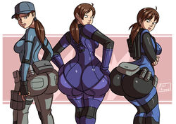 2012 axel-rosered backpack bag belt big_butt bodysuit butt butt_expansion capcom clothing fat_ass harness huge_butt jill_valentine jill_valentine_(amra_sila) jill_valentine_(julia_voth) large_butt latex long_hair looking_at_viewer resident_evil white_background