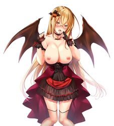 areolae bare_shoulders bat_wings blonde_hair blush breasts brown_eyes cleavage dress fangs female female_only fishnets glasses isosaki_iki_(taimanin_asagi_battle_arena) large_breasts long_hair looking_at_viewer nail_polish nipples no_bra sakuranbo shiny simple_background sitting solo taimanin_asagi_battle_arena white_background wings