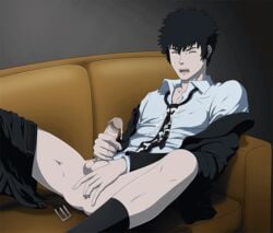 anal_fingering anal_masturbation animated animated animated cum cum_on_clothes cumshot male male_focus male_only masturbation penis psycho-pass shinya_kougami simple_background suit tie