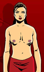 1girls areolae black_eyes breasts brown_hair female female_only grand_theft_auto grand_theft_auto_iii looking_at_viewer maria_latore nipples reach_around red_background red_lips red_skirt skirt small_breasts solo