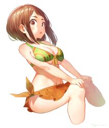 :o bad_id bad_twitter_id bangs bare_arms bare_shoulders bikini blush breasts brown_bikini brown_eyes brown_hair clavicle cleavage cropped_legs female fingernails front-tie_bikini front-tie_top green_bikini hakura_kusa hands_on_own_knees high_resolution large_breasts looking_at_viewer medium_hair multicolored multicolored_bikini multicolored_clothes my_hero_academia navel ochako_uraraka open_mouth ribbon ryota_(ry_o_ta) sarong shade shiny shiny_hair shiny_skin short_hair sidelocks sideways_glance signature simple_background sitting solo stomach sweat swept_bangs swimsuit thighs underboob upper_teeth white_background yellow_ribbon