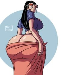 1girls ass_cleavage ass_in_dress axel-rosered big_ass big_breasts black_hair bubble_butt butt butt_crack dat_ass eyewear_on_head female female_only huge_ass jacket large_breasts looking_at_viewer nico_robin one_piece sarong sunglasses sunglasses_on_head wardrobe_malfunction