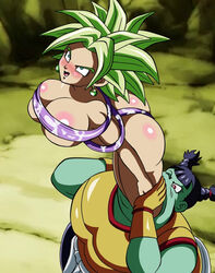 2girls big_ass blonde_hair breasts covered_nipples dicasty dragon_ball dragon_ball_super female fusion green_hair kefla legendary_super_saiyan light-skinned_female light_skin monna multiple_girls saiyan spiky_hair super_saiyan super_saiyan_2 ugly_female vore yuri