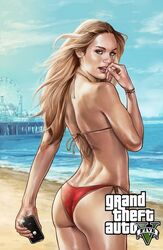 beach blonde_hair brandonarseneault city ferris_wheel grand_theft_auto grand_theft_auto_v gtav_cover_girl hand_on_mouth looking_at_viewer ocean open_mouth phone red_bikini_bottom rockstar_games